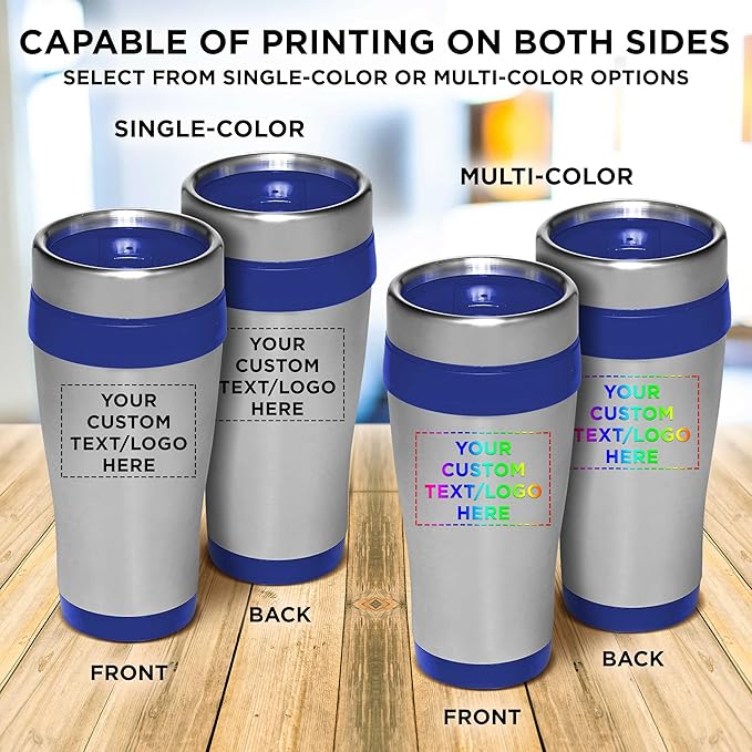 Custom Insulated Stainless Steel Travel Mugs 16 oz. Set of 100, Personalized Bulk Pack - Perfect for Coffee, Soda, Other Hot & Cold Beverages - Blue