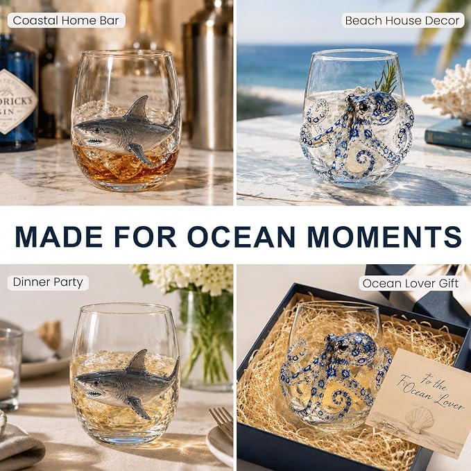 Coastal Stemless Wine Glasses Set of 4, 12oz 3D Ocean Animal Artisan Glassware Collection with Unique Sea Life Designs (I - Set of 2) - Image 4