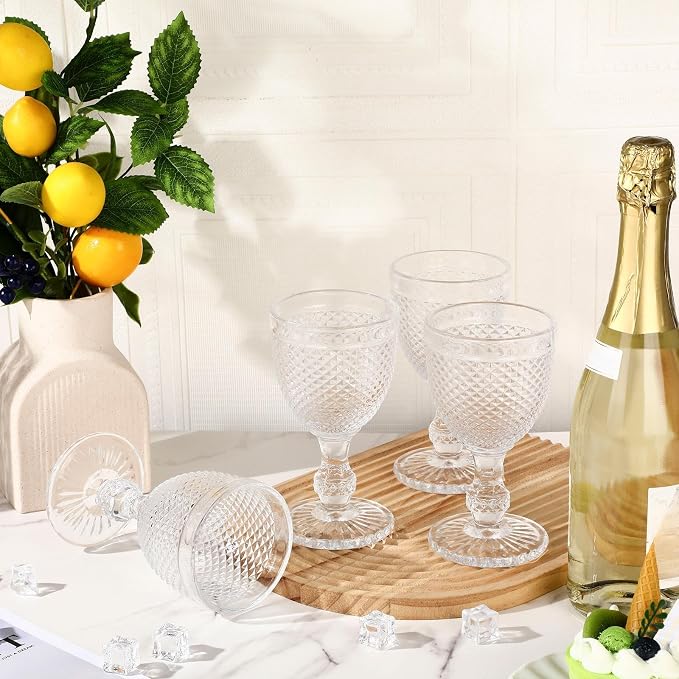 Bokon 6 Pack Clear Glass Goblets Set 10 oz High Clear Wine Glass Vintage Water Goblets Cups Embossed Diamond Design Glassware with Stem for Drinking Juice Liquor Party Wedding Bar - Image 2