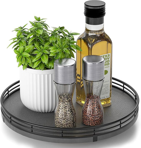 AMH10-Inch Natural Slate Lazy Susan with Black Raised Iron Rim | Smooth rotating oak tray with walnut finish for dining tables, kitchen counters, pantries and cabinet storage. by AMH