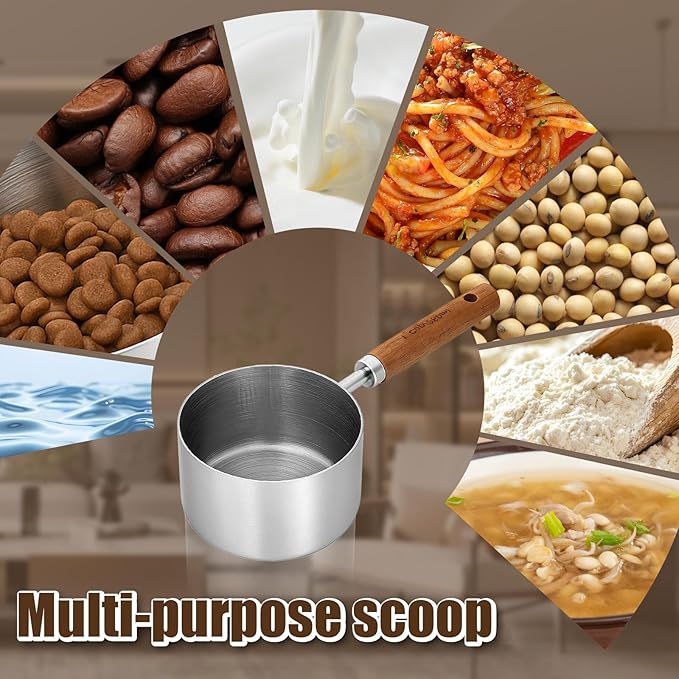 Measuring Cup with Wooden Handle, 1 Cup Stainless Steel Measure Scoop 250 ml Dog Cat Food Scoop for Wet and Dry Ingredients