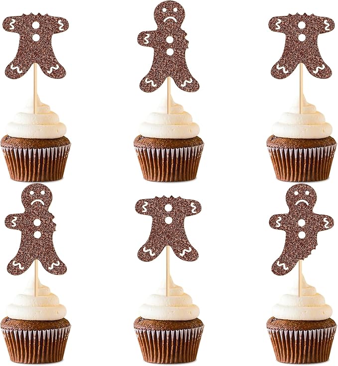 24Pcs Gingerbread Man Cupcake Toppers Holiday Party Cake Decorations Glitter Bitten Cookie Cupcake Picks Baby Shower Birthday Party Cupcake Toppings by Cyodoos