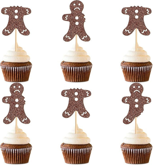 24Pcs Gingerbread Man Cupcake Toppers Holiday Party Cake Decorations Glitter Bitten Cookie Cupcake Picks Baby Shower Birthday Party Cupcake Toppings by Cyodoos