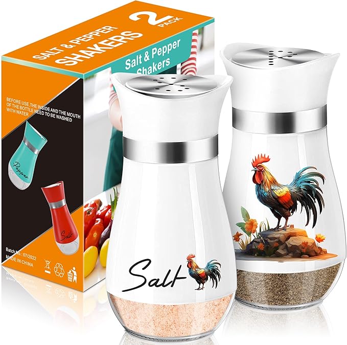 Arrozon Rooster Salt and Pepper Shakers - 4 oz Glass Set, Steel Lids | Rooster Design with Glass Bottoms and Stainless Steel Lids Adds Farmhouse Charm to Kitchen Counters and Makes Refilling Easy. by ARROZON