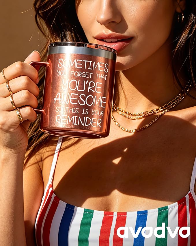 Inspirational Coffee Mug for Women, 12oz Insulated Stainless Steel Mug with Handle & 2 Lids – Sometimes You Forget You’re Awesome, Birthday & Appreciation Gift for Mom, Friend, Rose Gold - Image 5