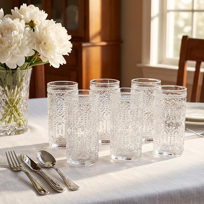 Bekith 6 Pack Romantic Drinking Glasses, 12 oz Highball Glasses, Thick Water Glasses, Tall Glass Cups for Beverages, Beer, Cocktail, Vintage Glassware Set for Dinner Parties, Bars, Restaurants - Image 7