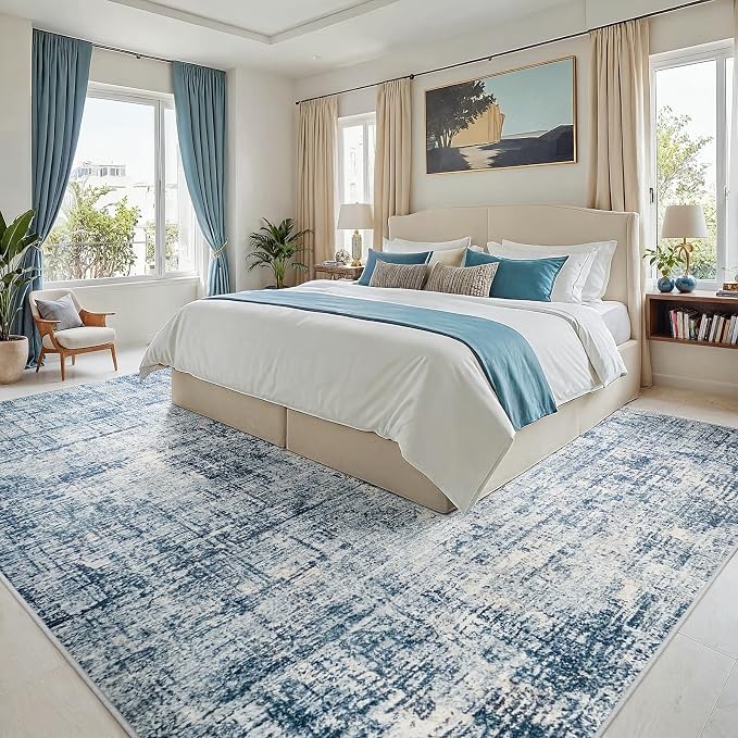 9x12 Washable Area Rug for Living Room Bedroom: Non-Slip Modern Blue Gold | Machine Washable TPR Backing, Stain-Resistant Low Pile, Pet & Kid Friendly, Abstract Decor for Dining Room, Dorm, Home Office - Image 2
