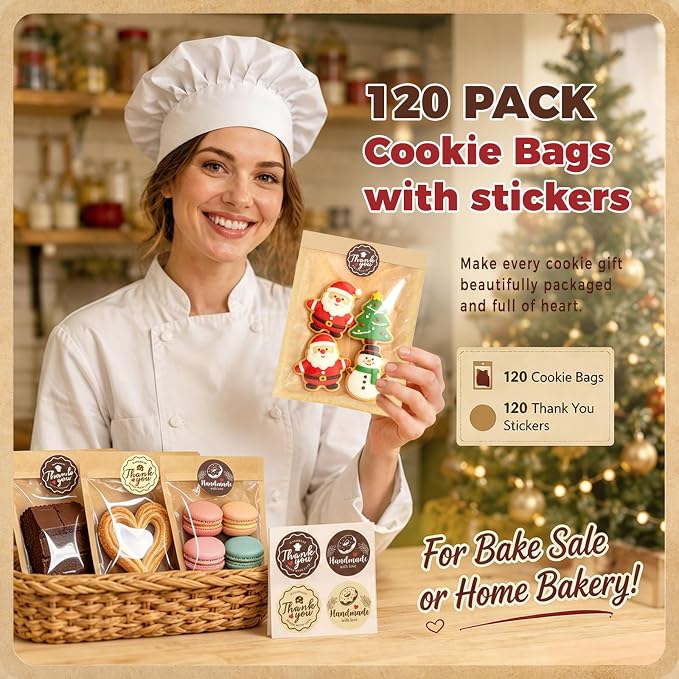 120PCS Cookie Bags with Seal, 5.1 x 7.5 Inch Cookie Packaging with Stickers | Heat Sealable & Grease Resistant Paper Bakery Bags with Window, Pastry Bags for Bake Sale Treat Scone Donut Brownie - Image 3