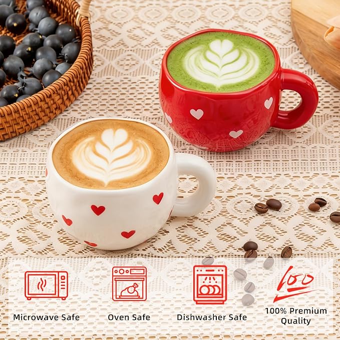 4pcs Ceramic Hearts Mugs Set, 9.4OZ Cute Love Coffee Cup Set, Red and White Color, Dishwasher Safe Espresso Cups, Gift for Women (Heart) - Image 6