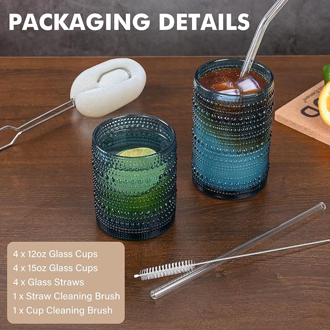 ZMOWIPDL 12oz & 15oz Hobnail Drinking Glasses,Blue Glass Cups Set of 8 | Vintage Highball Glassware，Kitchen Drinkware，Embossed Water Tumbler,for Beer,Cocktail,Whiskey,Juice,Various Mixed Drinks - Image 3