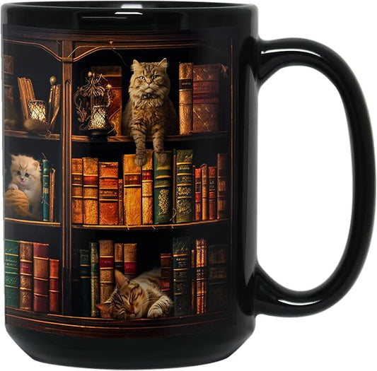 2IMT Cat Book Mug Book Lovers Gifts for Readers - Book Lover Bookish Gifts for Bookworm Women - Library Bookshelf Mug - Best Gift for Cat Lover - Reading Writer Women Black Coffee Cup 15oz by 2IMTInspirationalGiftsDecor