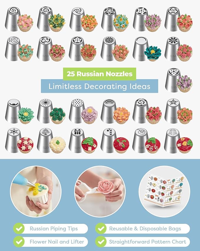 Kootek 90Pcs Russian Piping Tips Set, Piping Bags and Tips Set with 25 Russian Tips, 23 Icing Tips, 1 Ball Tip, 30+1 Pastry Bags, 3 Couplers, 4 Bag Ties for Cake Decorating, Cupcake, Cookie, Baking