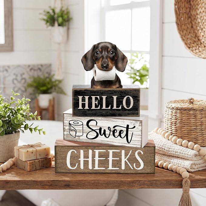 Moucuny 4 Pcs Dachshund Bathroom Decor Set Funny Toilet Wooden Tiered Tray Decor Farmhouse Dachshund Centerpiece Rustic Bathroom Shelf Decoration Hello Sweet Cheeks Decoration for Home Office - Image 5
