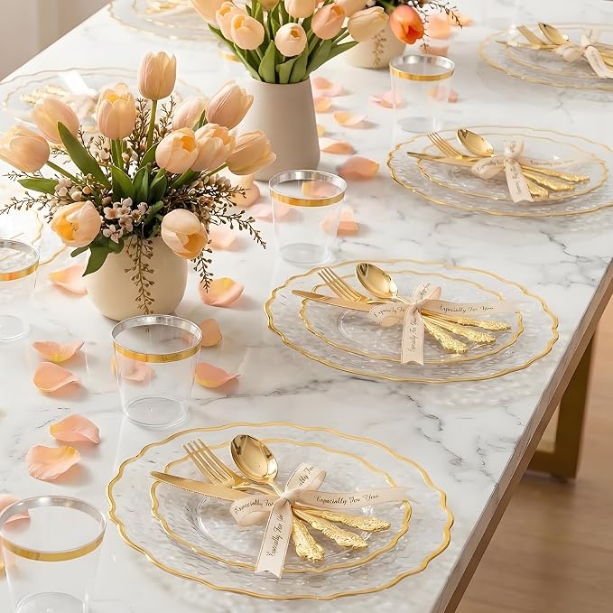 N9R 120PCS Gold Plastic Silverware, Vintage Disposable Utensils & Cutlery | 40 Fancy Forks, Spoons, Knives, Heavy Duty, BPA-Free, for Party, Weddings, Birthday & Holiday - Image 5