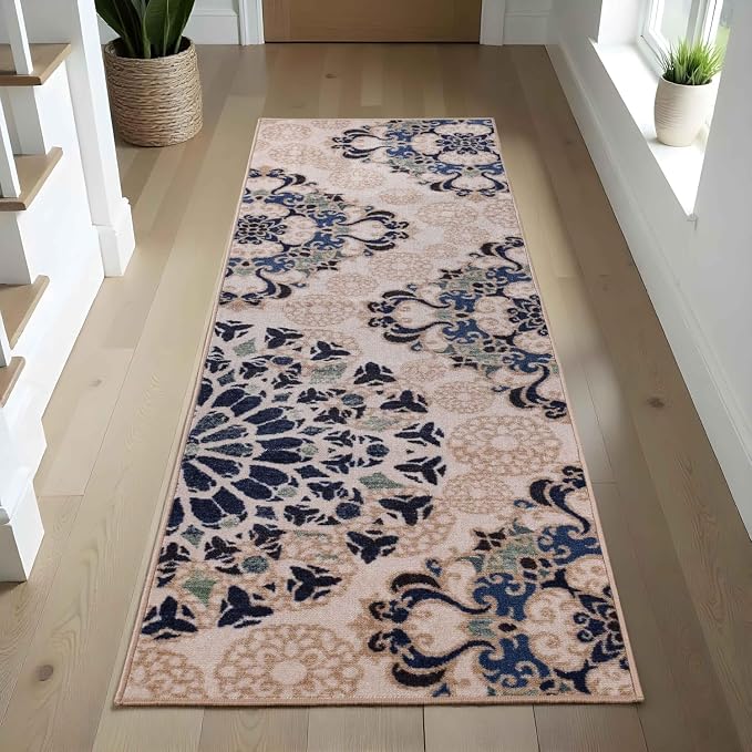 Superior Washable Indoor Area Rug, for Dining, Kitchen, Office, Modern Floor Decor, Soft Aesthetic Rugs, Medallion Damask Indoor Rugs, Thalia Collection, 2' 7" x 8', Cream by SUPERIOR