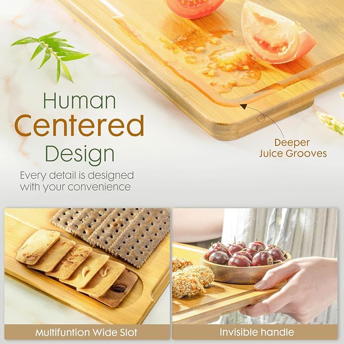 Astercook Nature Bamboo Cutting Boards for Kitchen with Wood Storage Stand, Reversible Charcuterie & Chopping Boards with Juice Grooves and Easy-Grip Handles - Image 3