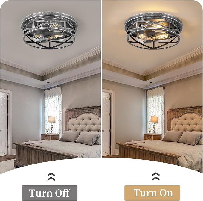 3-Light Cage Ceiling Light Fixtures, Farmhouse Close to Ceiling Lights, 13 Inch Black and Silver Metal Flush Mount Ceiling Lights for Bedroom, Living Room, Porch Kitchen Entrance - Image 5