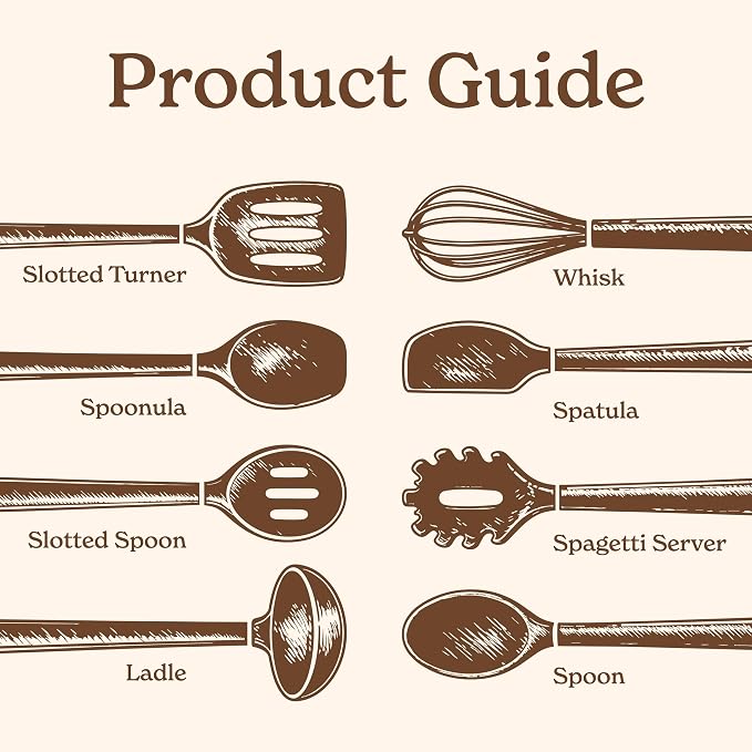 Country Kitchen Non Stick Silicone Utensil Set with Rounded Wood Handles for Cooking and Baking, 8 Piece Set, Khaki - Image 3