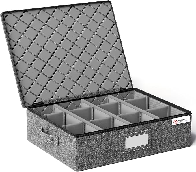 Cup and Mug Storage Boxes with Dividers,Hard Shell Coffee Mug Organizer with Lid,Handles,Zips and Label Window for Coffee Mugs,Tea Cups,Packing and Moving,Hold 12,1 Pack, Grey by YEARNINGHOME