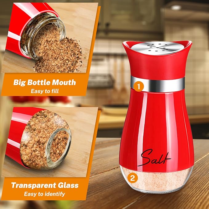 Salt and Pepper Shakers - 4 oz Red Glass Set with Stainless Steel Lids | Refillable Glass Shakers with Stainless Steel Lids Suit Cooking, Dining, RV Trips, Camping and BBQs, Adding Christmas Style. - Image 3