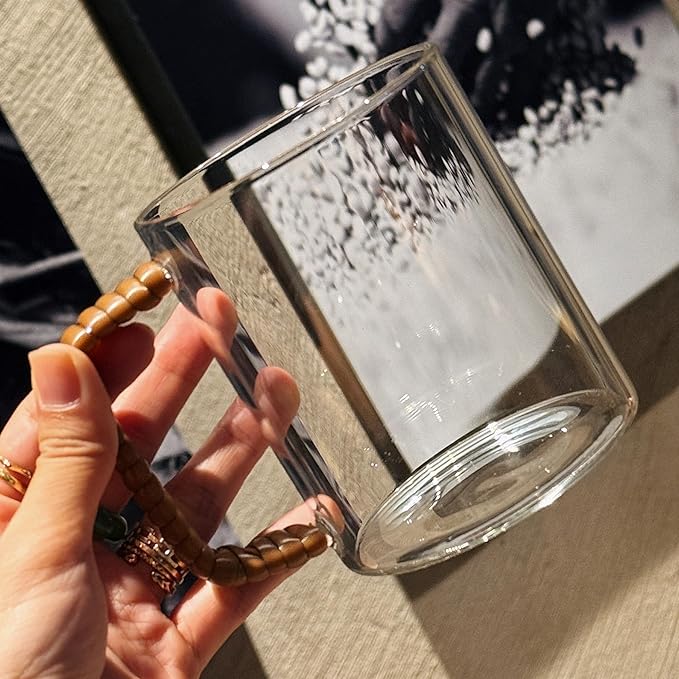 2-Piece Glass Coffee Mugs with Woven Handles, Withstand -20℃ to 150℃, 16oz Clear Large Glass Cups, Glass mug set for Latte, Cappuccino, Iced Coffee, Tea, Wine, Water, Beer