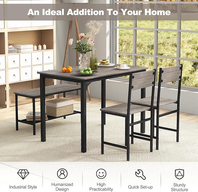 Giantex Dining Table Set for 4, Kitchen Table with Bench and Chairs, Industrial Gathering Bench Dining Set W/Metal Frame & Storage Rack, Dinette Set, Modern Functional Desk Set (Grey) - Image 8