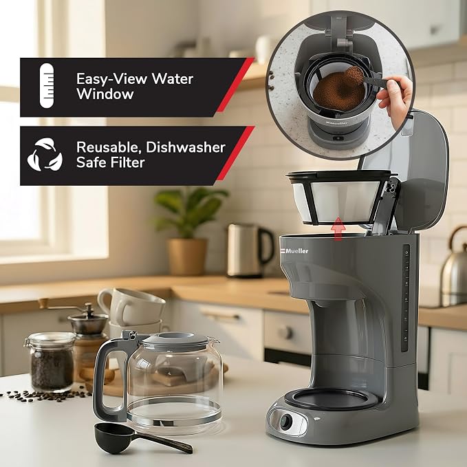 MUELLER HOME 12-Cup Drip Coffee Maker, Gray | Borosilicate Carafe, Auto-Off, Reusable Filter, Anti-Drip, Keep-Warm Function - Image 5