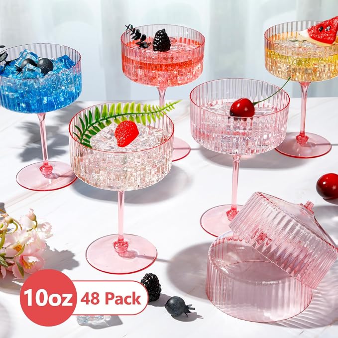 Jingmore 48 Pcs Ribbed Martini Glasses 10 oz Disposable Plastic Vintage Ribbed Coupe Glasses Unbreakable Dessert Parfait Glassware for Wedding Birthday Party Supplies (Pink) - Image 3