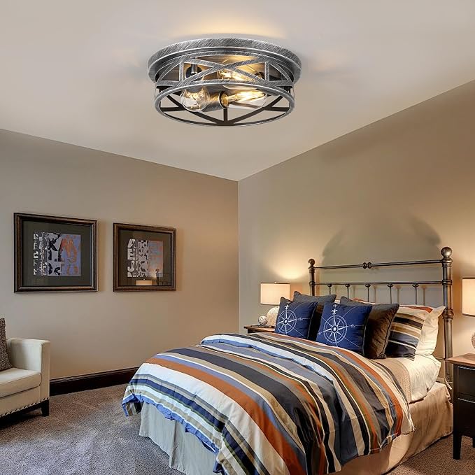 3-Light Cage Ceiling Light Fixtures, Farmhouse Close to Ceiling Lights, 13 Inch Black and Silver Metal Flush Mount Ceiling Lights for Bedroom, Living Room, Porch Kitchen Entrance - Image 6