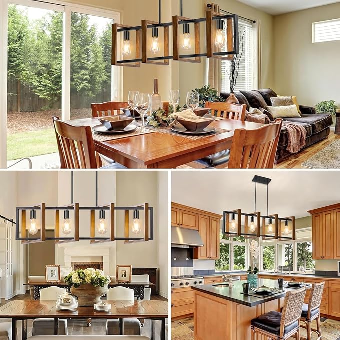 4 Lights Dining Room Light Fixture, Farmhouse Kitchen Island Lighting Wood and Black Metal Rectangular Hanging Chandelier for Ceiling Living Room, Modern Rustic Pendant Lighting Fixture Over Table - Image 5