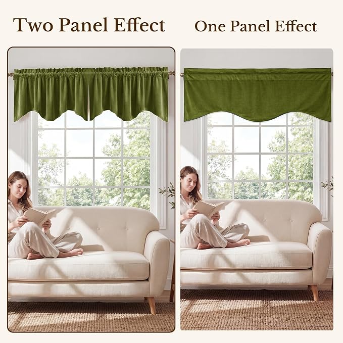 Olive Green Valance for Windows Home Decor 52x18 Inch 1 Panel | Muted Wavy Green Velvet Window Treatment, Privacy Rod Pocket Short Curtains for Kitchen, Living Room - Image 7