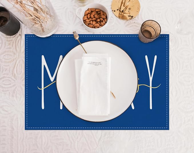 ONWAY Merry Christmas Gold Placemats 12x18 Inch Set of 4 Xmas Winter Holiday Place Mats for Home Party Kitchen Dining Table Decorations Blue - Image 2