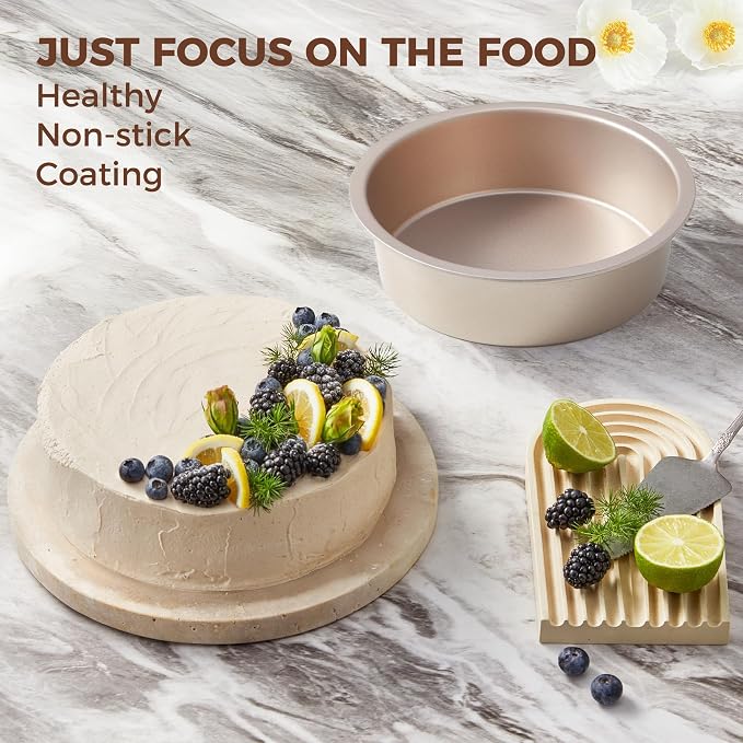 8 Inch Round Cake Pan Set for Baking with 2 Pcs Silicone Baking Sling Mats, Nonstick Circle Cake Pans Set of 2, 2.5" Deeper Layer Cake Tin for Oven, Cheesecake Mold, Huty Duty, Golden - Image 5