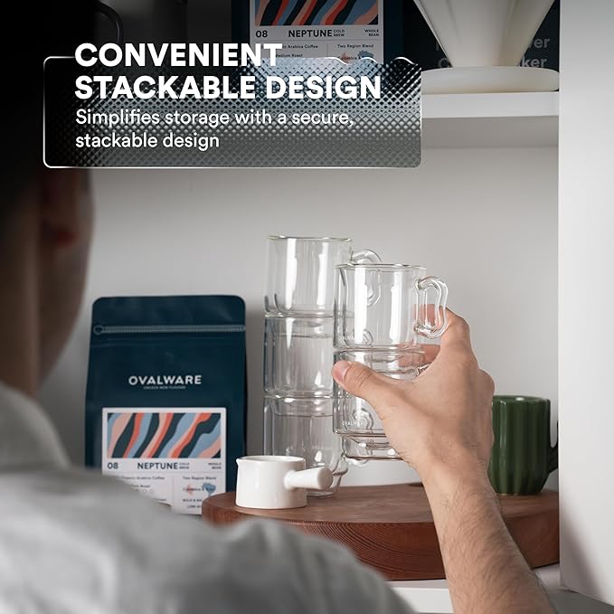 ovalware RJ3 Espresso Coffee Glass Cups 4oz/120ml (Set of 4) Double Walled w/Solid Butterfly Handle - Elegant Borosilicate Espresso Shot Mug - Stackable Insulated Transparent Demitasse Glass
