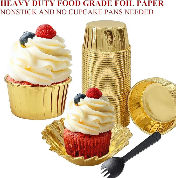 Cupcake Muffin Liners With Lids 100 Pack,LNYZQUS 5.5 Oz Large Foil Baking Cups Muffin Tins,Disposable Ramekins Cupcake Cups Cupcake Wrappers Holders For Wedding Valentine,with Spoons-Gold - Image 5