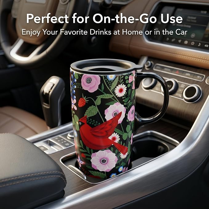 Topadorn 17oz Ceramic Travel Mug, Botanical Floral Bird Coffee Mug with Lid | Ceramic Coffee Mug with Handle, Microwave & Dishwasher Safe, Gift Box Included for Coffee, Tea and Latte - Image 2