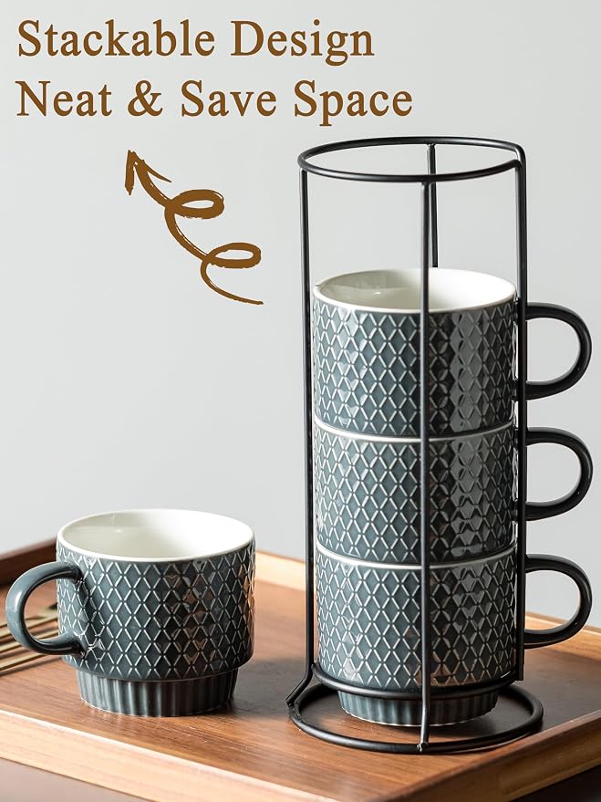 Gomakren Coffee Mugs Set of 4, 13oz Stackable Coffee Cup with Stand, Grey | Stackable Space-Saving, with 4 Spoons | Textured Grey Grid Stoneware Dishwasher Safe, for Coffee Milk Tea Cocoa & Gifting Use - Image 3