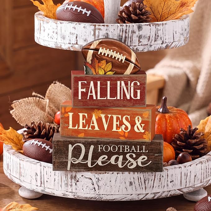 Moucuny 4 Pcs Fall Football Table Decorations for Home Fall Tiered Tray Decor Falling Leaves & Football Please Centerpieces with Footballs Topper, Rustic Thanksgiving Decor for Home, Game Day Party - Image 6
