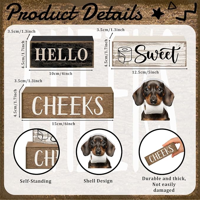 Moucuny 4 Pcs Dachshund Bathroom Decor Set Funny Toilet Wooden Tiered Tray Decor Farmhouse Dachshund Centerpiece Rustic Bathroom Shelf Decoration Hello Sweet Cheeks Decoration for Home Office - Image 3