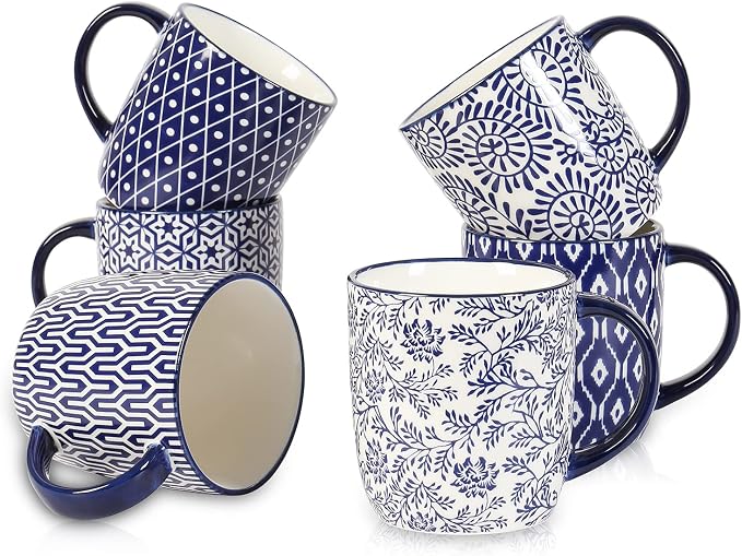 Selamica 10 oz Coffee Mugs Set of 6 with Handle, Coffee Cups Ceramic for Cappuccino Latte Cocoa Milk Tea, Dishwasher Microwave Safe, Vintage Blue by Selamica