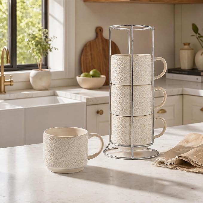 6 Oz Coffee Mugs with Stand, Stackable Ceramic Espresso Cups Set of 4, Embossed Coffee Cups Sets, Porcelain Cappuccino for Latte, Cocoa, Mocha, Tea, Dishwasher Safe, Vintage White - Image 6