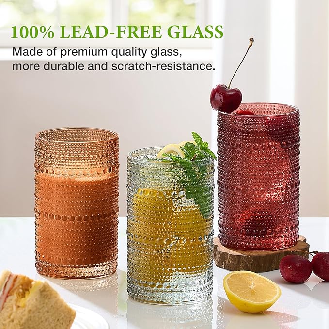 Colored Hobnail Drinking Glasses Set of 6, 12oz Vintage Kitchen Glassware, Embossed Beaded Glass Cups, Water Glasses, Colorful Water Tumbler for Cocktail, Juice, Various Mixed Drink (Dishwasher Safe) - Image 3