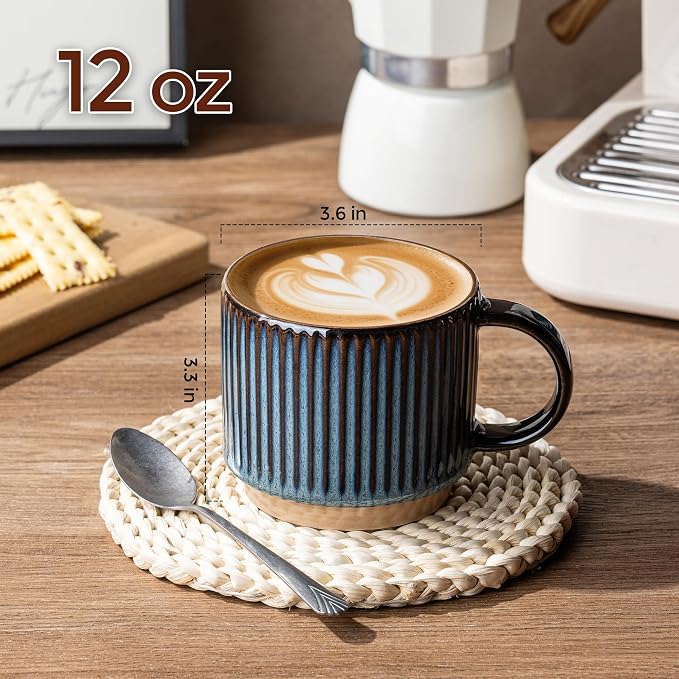 GBhome 12 OZ Stackable Coffee Mugs Set of 6, Ceramic Coffee Cups Set | 3 Assorted Designs, Embossed Mugs with Texture Patterns for Tea/Coffee, Dishwasher&Microwave Safe, Deep Sea - Image 3