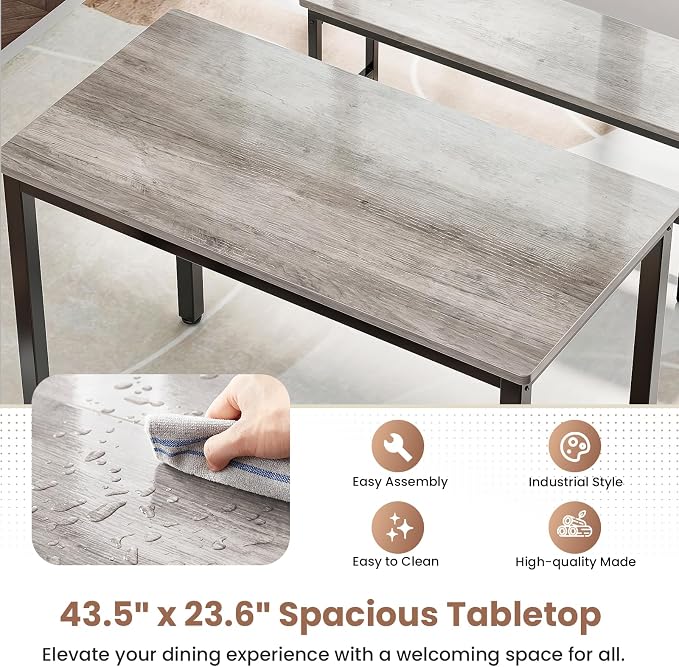 Dining Table Set for 4, Kitchen Table with 2 Benchs, Grey | Modern Functional 3 Piece Space-Saving Dining Room Table Set for Apartment, Breakfast Nook, Small Space - Image 7