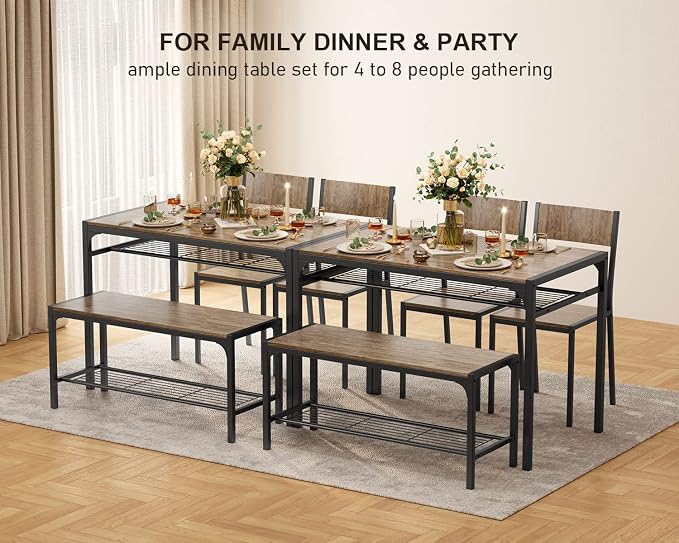 Gizoon 4-Piece Dining Table Set for 4, Kitchen Table with Bench Grey | Space-saving grey 4-piece dinette set with metal storage rack. Includes 2 ergonomic chairs and 1 bench. Easy to clean. - Image 2
