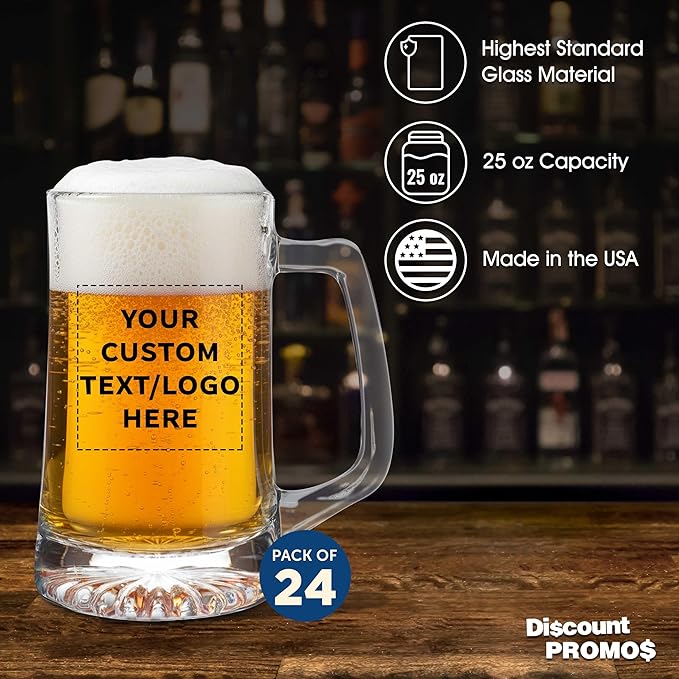 DISCOUNT PROMOS Custom ARC Glass Beer Mugs 25 oz. Set of 24, Personalized Bulk Pack - Great for Octoberfest, Pub, Restaurant - Clear