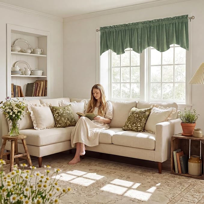 Velvet Window Valance 52x18 Inch 4-Panel Set | Soft Wavy Sage Green Kitchen Curtains for Windows, Luxury Fabric Aesthetic Window Treatment for Bay Window, Living Room - Image 3