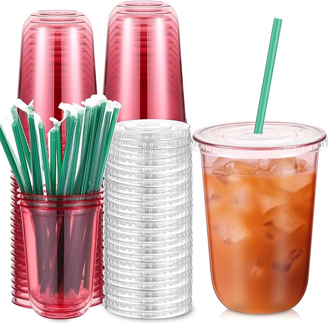 Baderke 25 Set Plastic Cups with Lids and Straws, Disposable Plastic Iced Coffee Cup for Cold Beverage Juice Smoothie Crystal for Coffee Shops Party Catering(Pink,16 oz) by Baderke