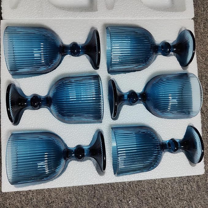 Taganov Blue Glasses Drinking Water Goblets set of 6 Big Vintage Glassware 13oz Colored Wine Glasses for Wedding Party Bar Vertical Line Embossed Pattern Stemmed Cups 400ml - Image 2