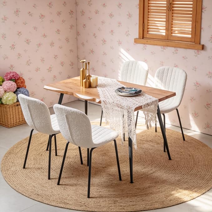 Rectangle Dining Table Set for 4 with White Boucle Chairs | 5-Piece Mid-Century Modern Set, Irregular MDF Table, Wood Grain, Space-Saving for Small Spaces, Dining Rooms, Easy Assembly - Image 6